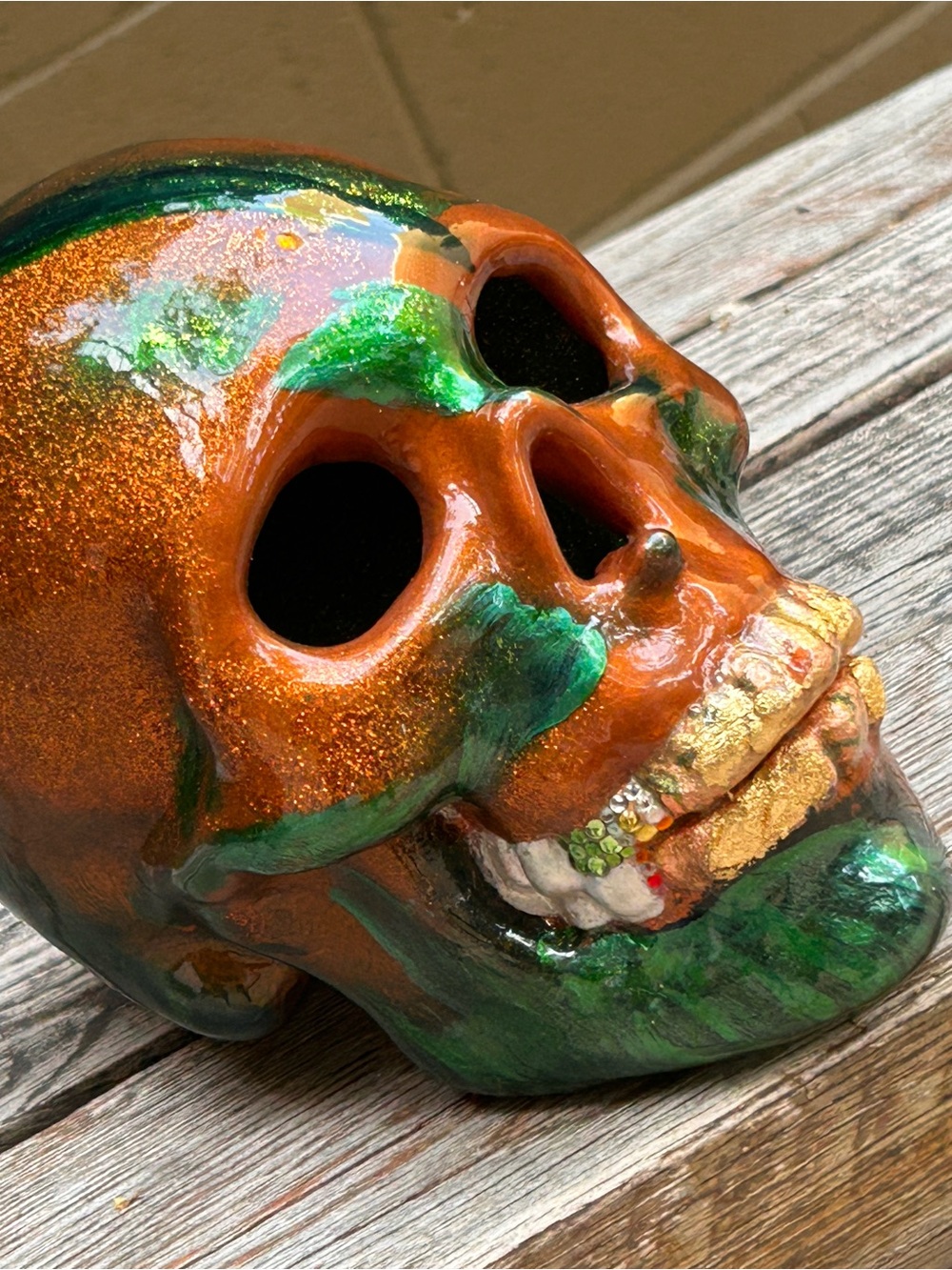 Handmade Elegant Orange and Green Decorative Ceramic Skull Sculpture